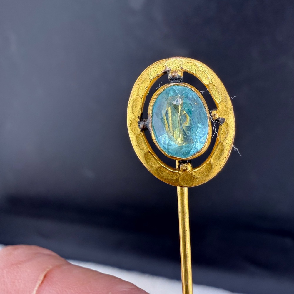 Vintage CPB Stick Pin Gold Tone Light Blue Oval Stone Hammered Circle